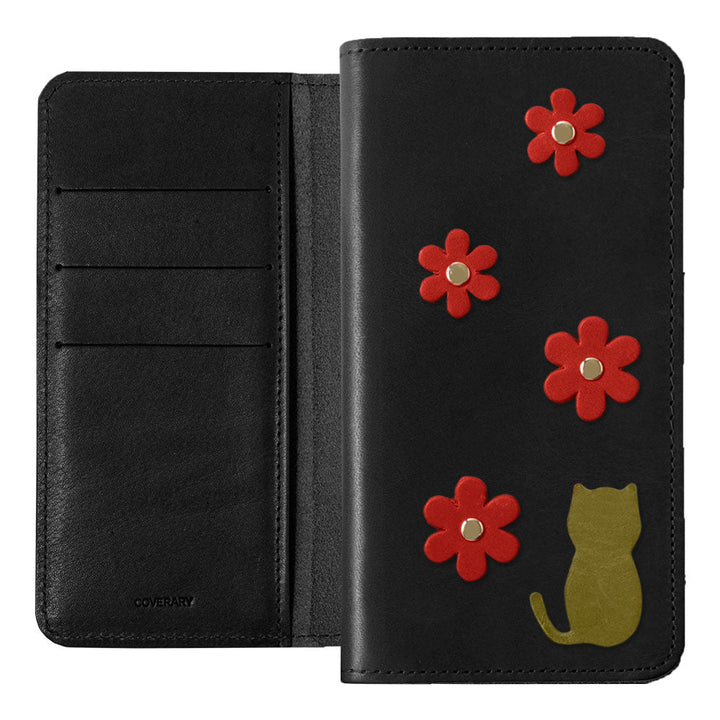 Étui portefeuille en cuir véritable en cuir Tochigi avec rangement pour cartes et motif fleur de chat pour la série Google Pixel