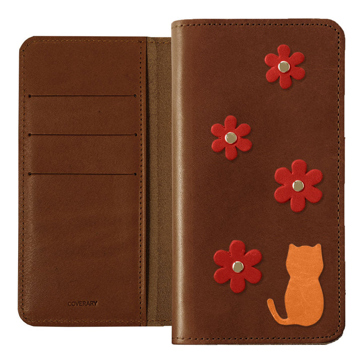 Étui portefeuille en cuir véritable en cuir Tochigi avec rangement pour cartes et motif fleur de chat pour la série iPhone