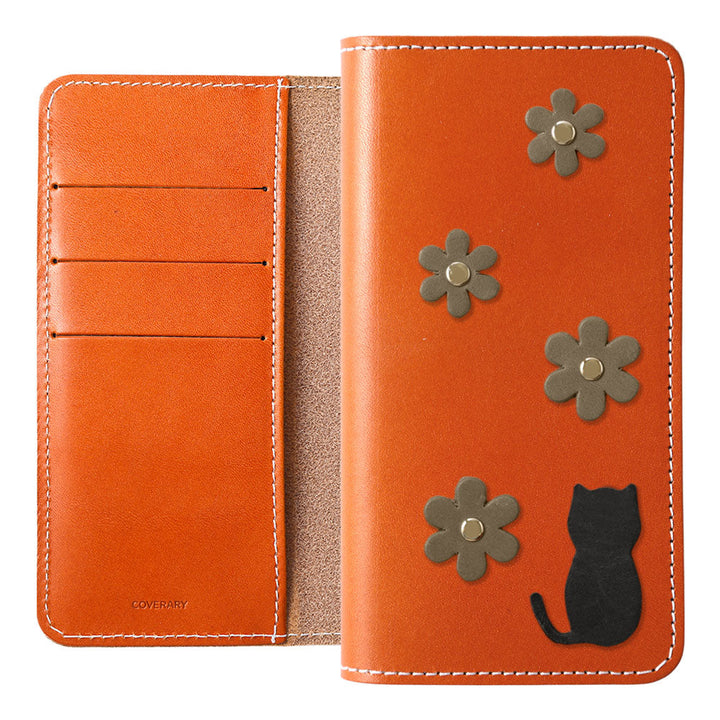 Étui portefeuille en cuir véritable en cuir Tochigi avec rangement pour cartes et motif fleur de chat pour la série iPhone