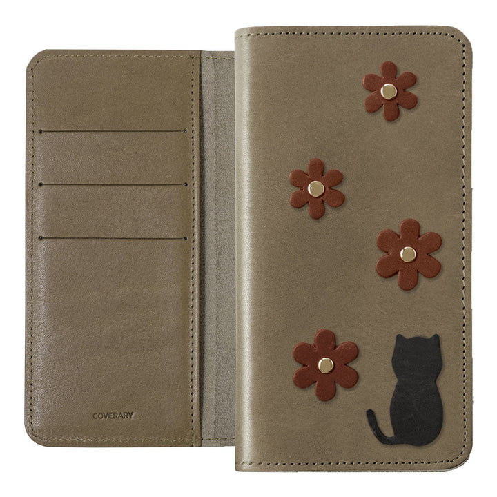 Étui portefeuille en cuir véritable en cuir Tochigi avec rangement pour cartes et motif fleur de chat pour la série iPhone