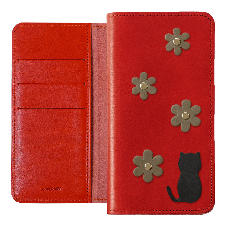Étui portefeuille en cuir véritable en cuir Tochigi avec rangement pour cartes et motif fleur de chat pour la série iPhone
