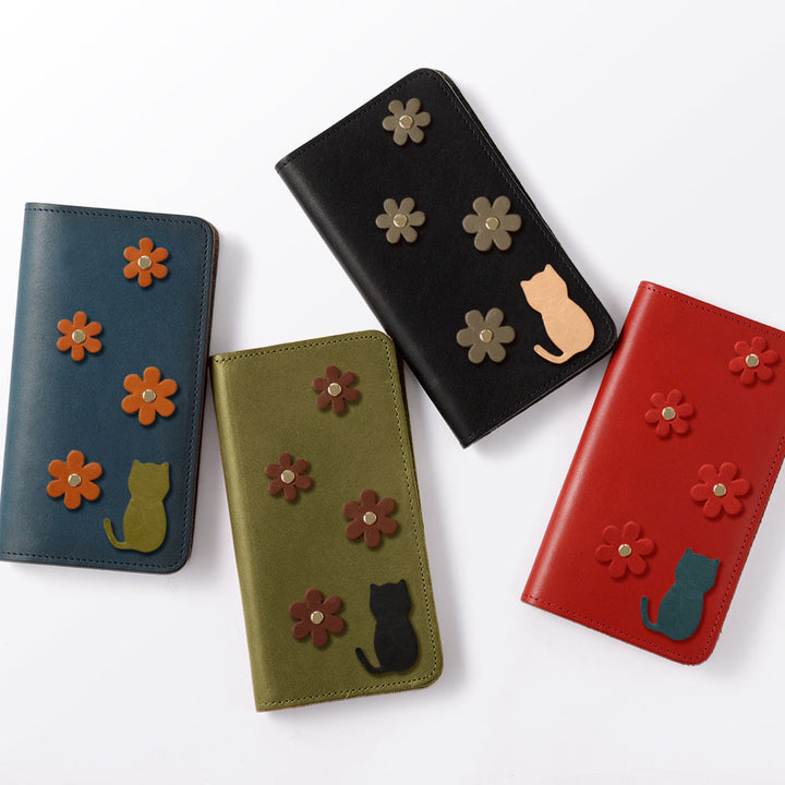 Genuine Leather Tochigi Leather Card Storage Cat Flower Motif Notebook Case