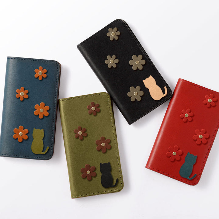 Genuine Leather Tochigi Leather Card Storage Cat Flower Motif Notebook Case Xperia Series