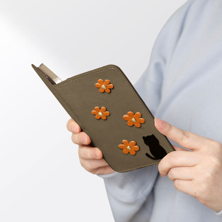 Genuine Leather Tochigi Leather Card Storage Cat Flower Motif Notebook Case AQUOS Series