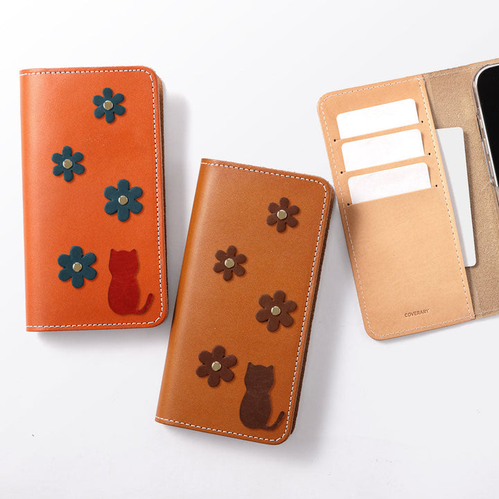 Genuine Leather Tochigi Leather Card Storage Cat Flower Motif Notebook Case Xperia Series