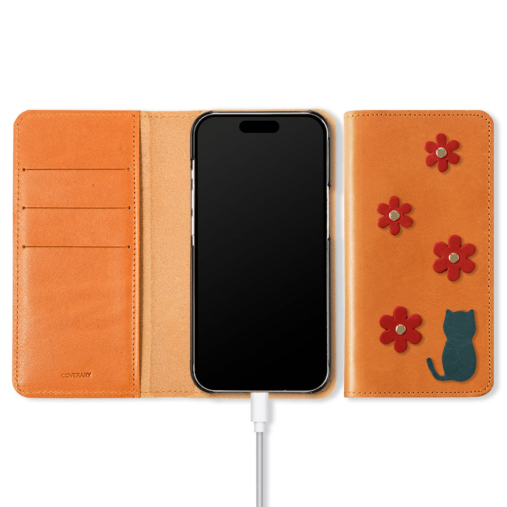 Genuine Leather Tochigi Leather Card Storage Cat Flower Motif Notebook Case Galaxy Series