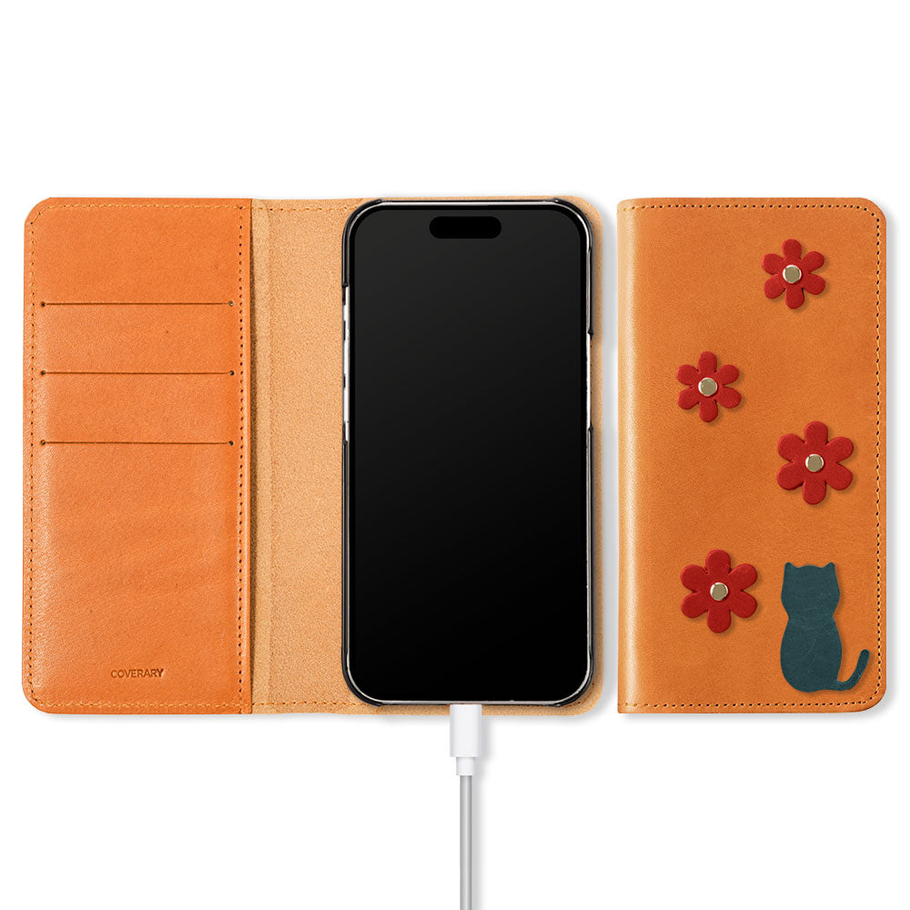 Genuine Leather Tochigi Leather Card Storage Cat Flower Motif Notebook Case Xperia Series