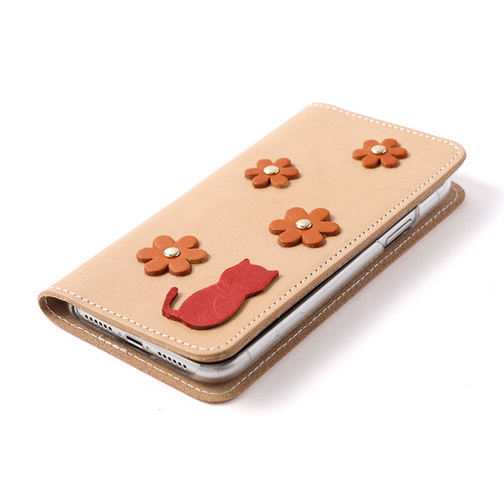 本革 栃木レザー カード収納 ネコフラワーモチーフ 手帳型ケース Xperiaシリーズ