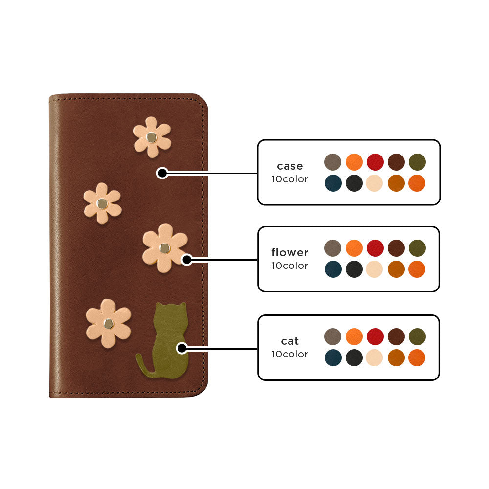 Étui portefeuille en cuir véritable en cuir Tochigi avec rangement pour cartes et motif fleur de chat pour la série iPhone