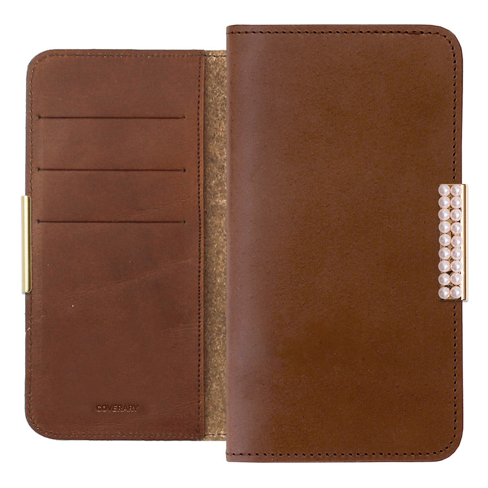 Étui portefeuille en cuir véritable en cuir Tochigi avec rangement pour cartes et décoration cadre perlé pour la série iPhone