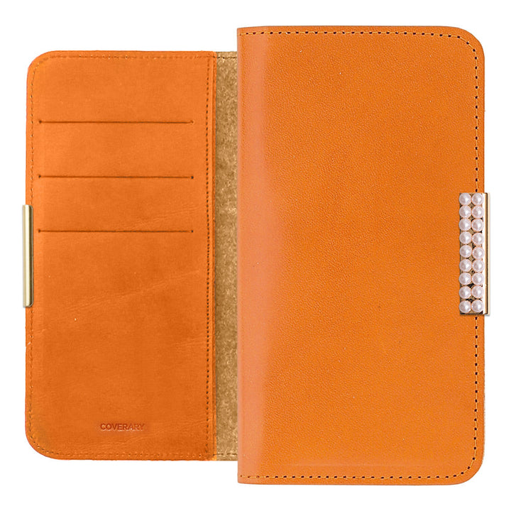 Étui portefeuille en cuir véritable en cuir Tochigi avec rangement pour cartes et décoration cadre perlé pour la série iPhone