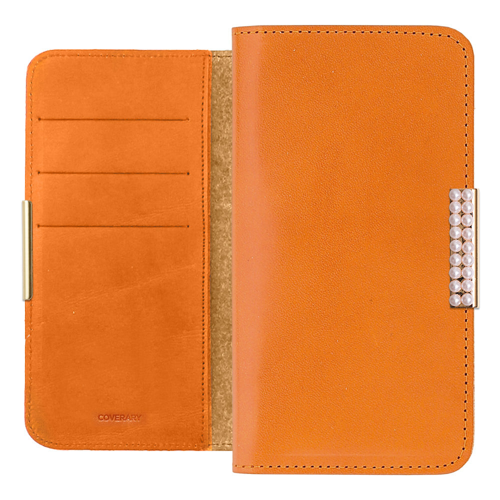 Étui portefeuille en cuir véritable en cuir Tochigi avec rangement pour cartes et décoration cadre perlé pour la série Xperia