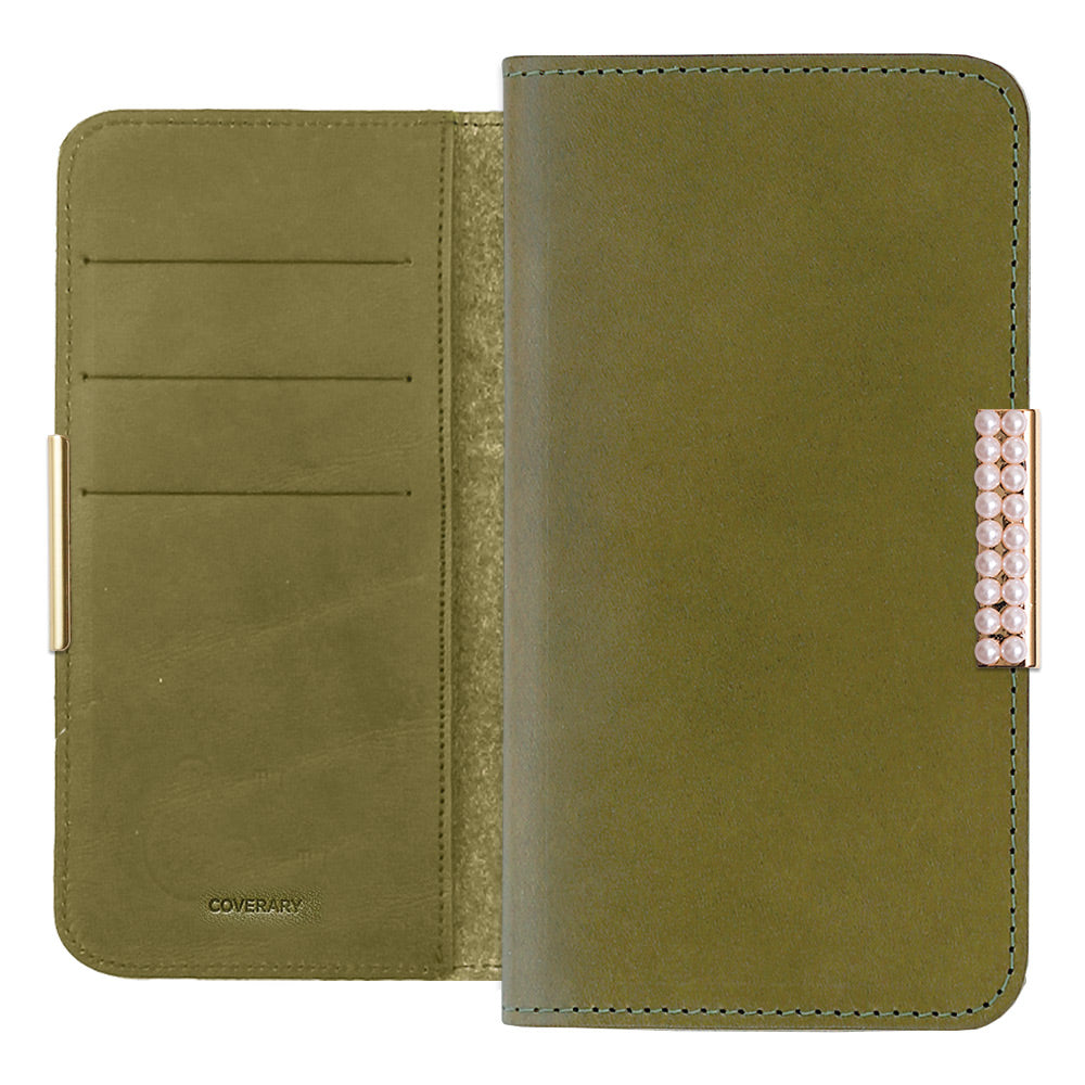 Étui portefeuille en cuir véritable en cuir Tochigi avec rangement pour cartes et décoration cadre perlé pour la série Xperia