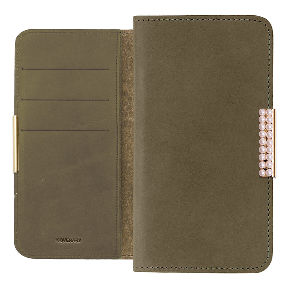 Étui portefeuille en cuir véritable en cuir Tochigi avec rangement pour cartes et décoration cadre perlé pour la série Galaxy