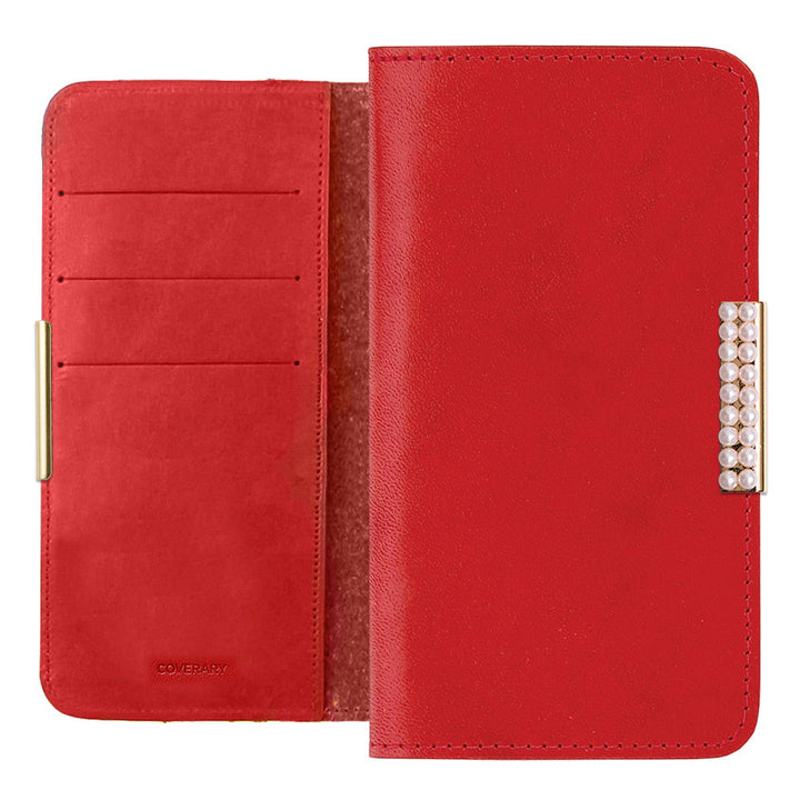 Étui portefeuille en cuir véritable en cuir Tochigi avec rangement pour cartes et décoration cadre perlé pour la série Galaxy