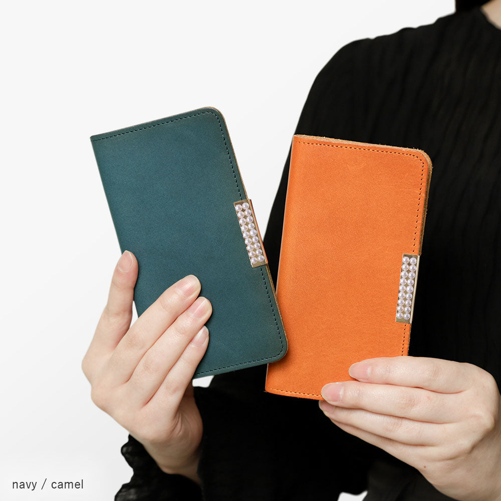 Étui portefeuille en cuir véritable en cuir Tochigi avec rangement pour cartes et décoration cadre perlé pour la série iPhone