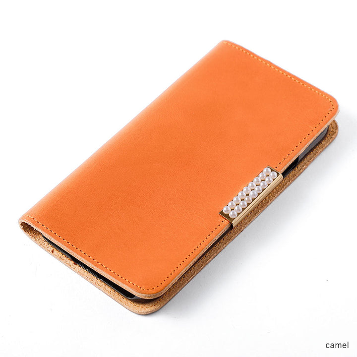 Étui portefeuille en cuir véritable en cuir Tochigi avec rangement pour cartes et décoration cadre perlé pour la série Xperia