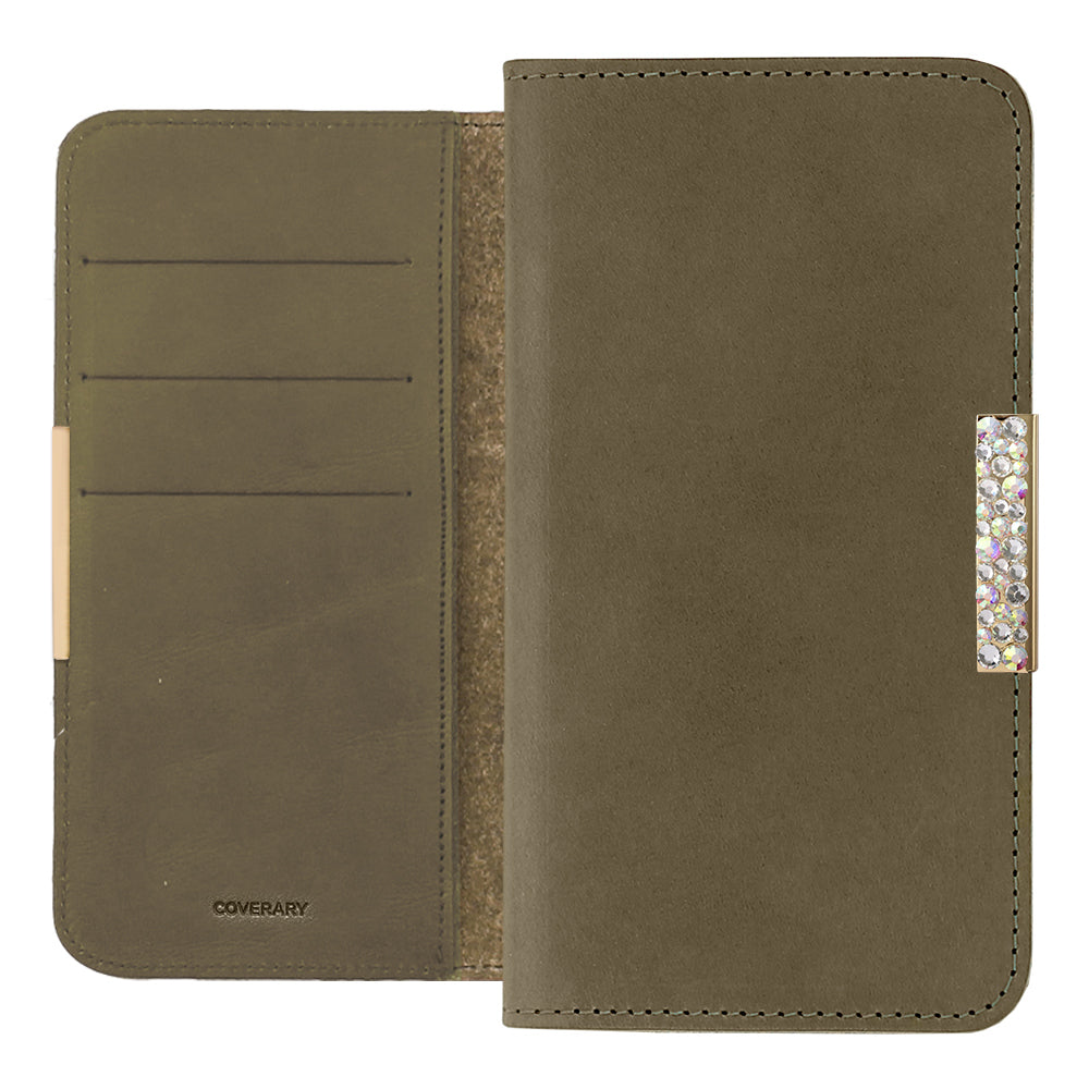 Étui portefeuille en cuir véritable en cuir Tochigi avec rangement pour cartes et décoration cadre en pierre pour la série Xperia