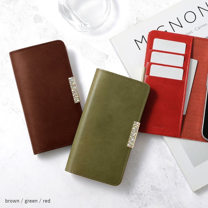 Étui portefeuille en cuir véritable en cuir Tochigi avec rangement pour cartes et décoration cadre en pierre pour la série Xperia