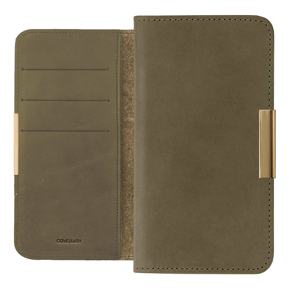 Étui portefeuille en cuir véritable en cuir Tochigi avec rangement pour cartes et décoration cadre doré pour la série Xperia