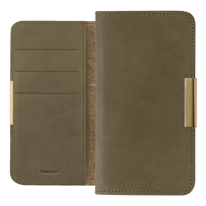 Étui portefeuille en cuir véritable en cuir Tochigi avec rangement pour cartes et décoration cadre doré pour la série Xperia