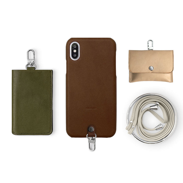 Genuine Leather Tochigi Leather 4-Piece Set A Earphone Case Card Case With Shoulder Strap Back Case for iPhone Series