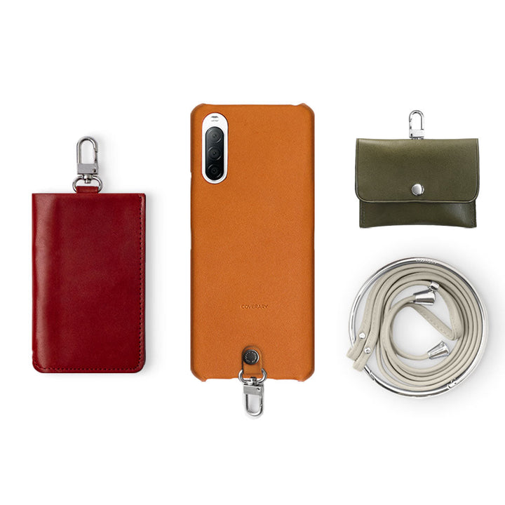 Genuine Leather Tochigi Leather 4-Piece Set A Earphone Case Card Case With Shoulder Strap Back Case for iPhone Series