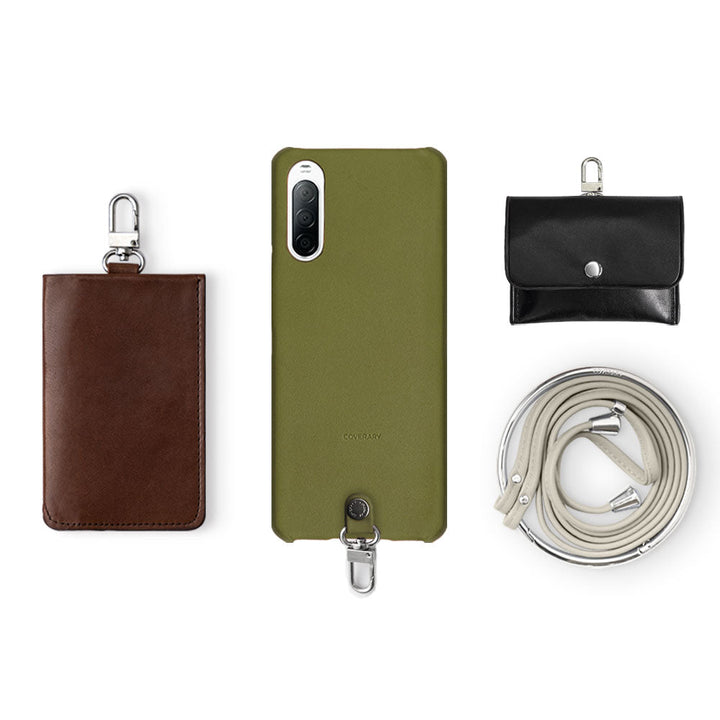 Genuine Leather Tochigi Leather 4-Piece Set A Earphone Case Card Case With Shoulder Strap Back Case for iPhone Series