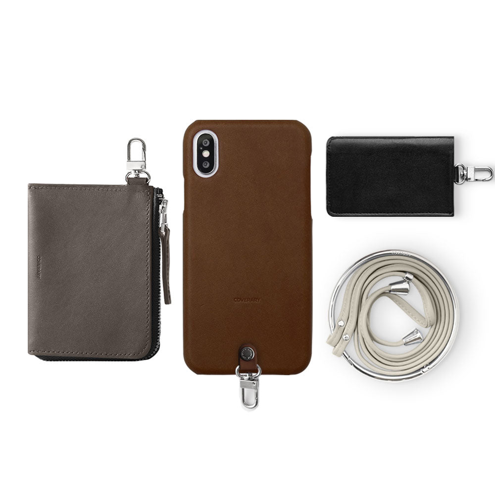 Ensemble de 4 pièces en cuir véritable Tochigi, mini portefeuille, porte-cartes, avec bandoulière (avec ferrures), coque arrière pour la série Xperia