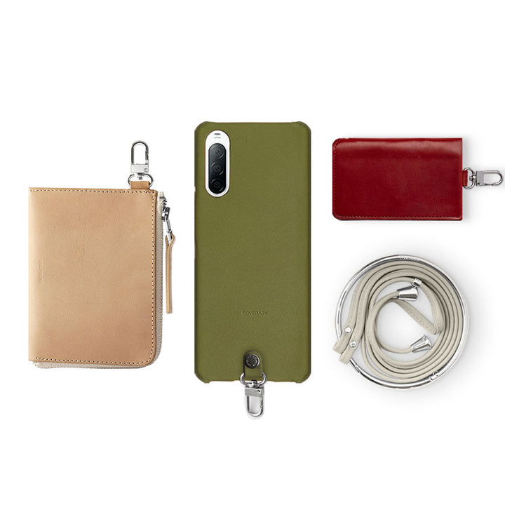 Genuine leather Tochigi leather 4-piece set B mini wallet card case with shoulder strap (with metal fittings) back case AQUOS series