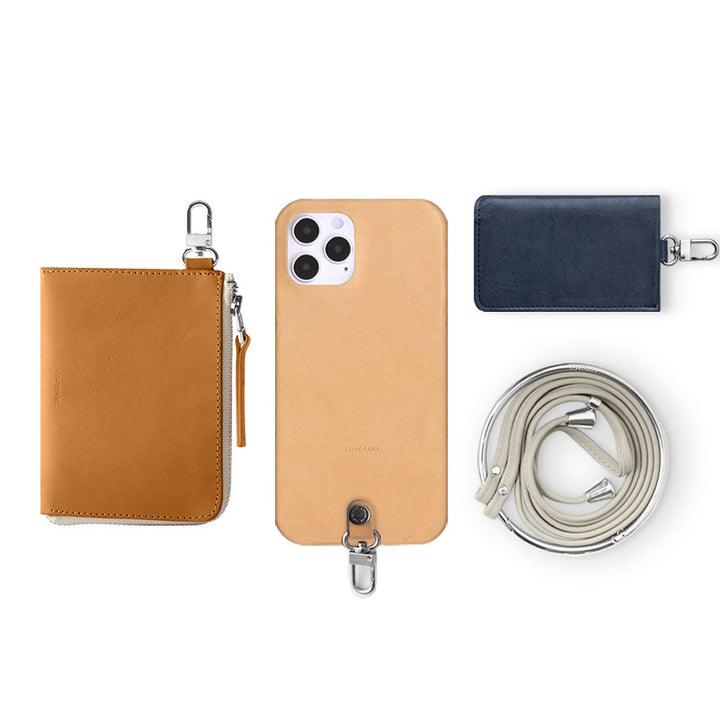 Genuine leather Tochigi leather 4-piece set B mini wallet card case with shoulder strap (with metal fittings) back case AQUOS series