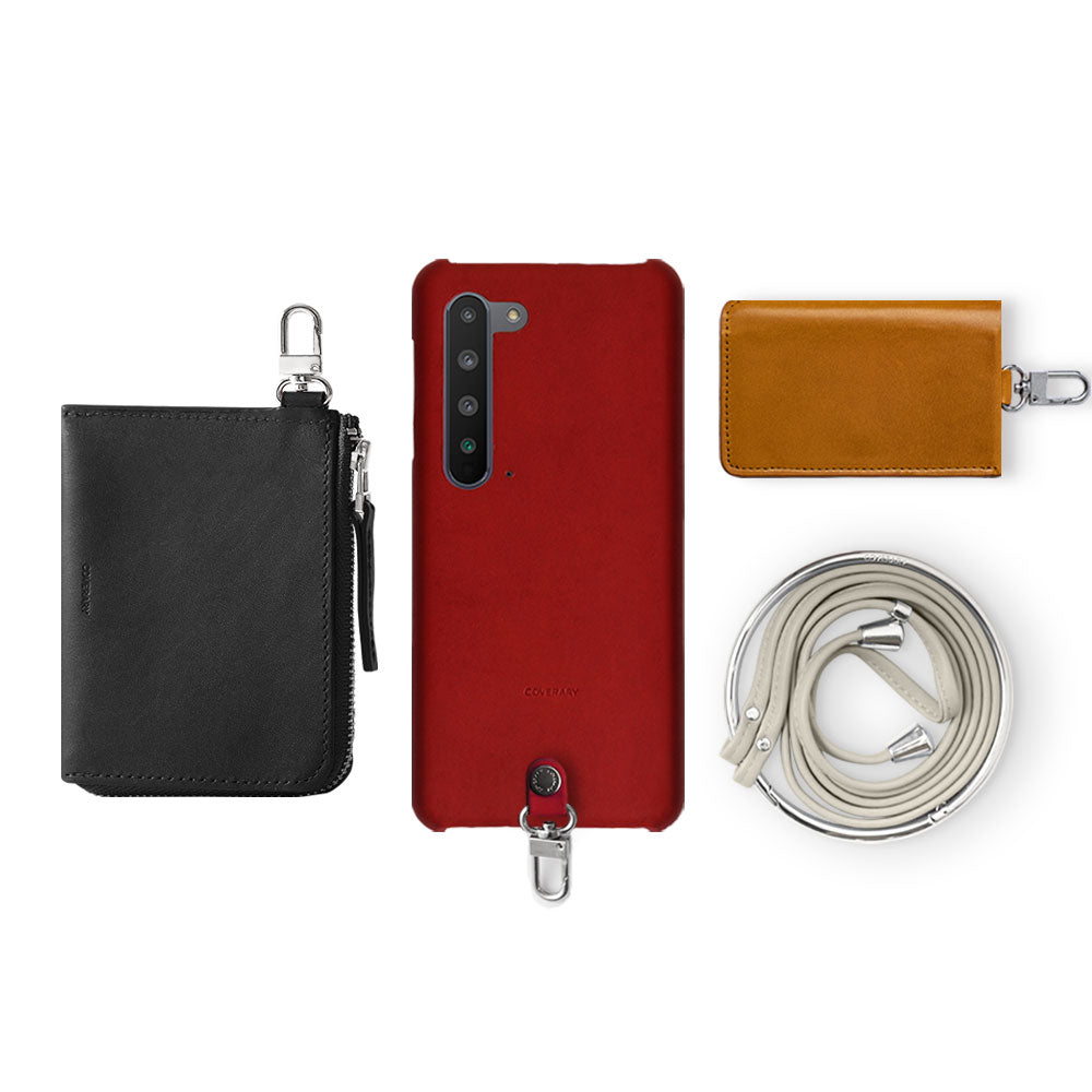 Genuine leather Tochigi leather 4-piece set B mini wallet card case with shoulder strap (with metal fittings) back case AQUOS series