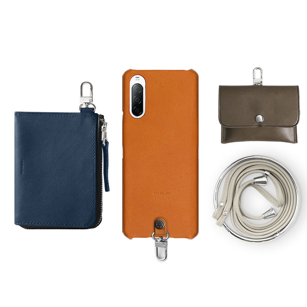 Genuine Leather Tochigi Leather 4-Piece Set C Mini Wallet Earphone Case With Shoulder Strap Back Case for iPhone Series