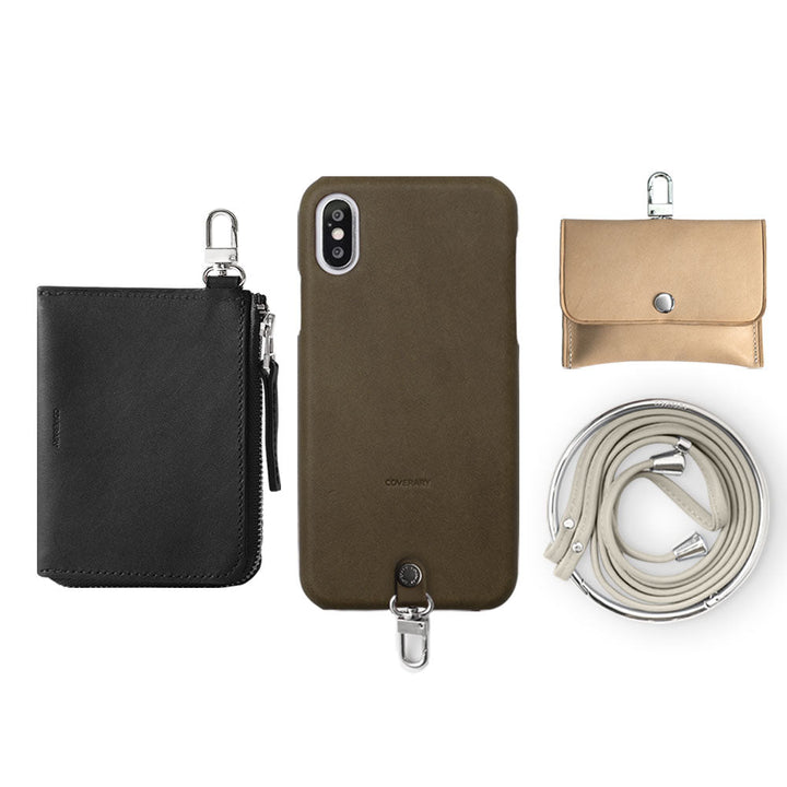 Genuine leather Tochigi leather 4-piece set C mini wallet earphone case with shoulder strap back case AQUOS series