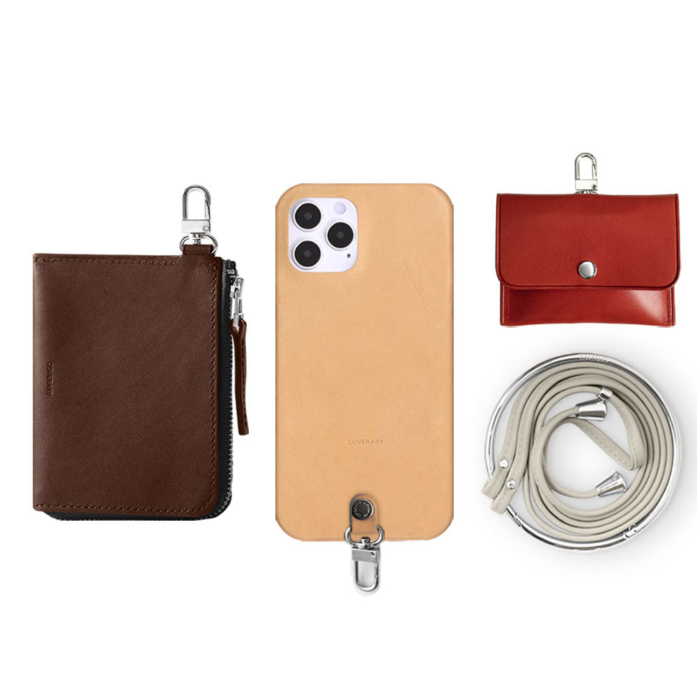 Genuine leather Tochigi leather 4-piece set C mini wallet earphone case with shoulder strap back case AQUOS series