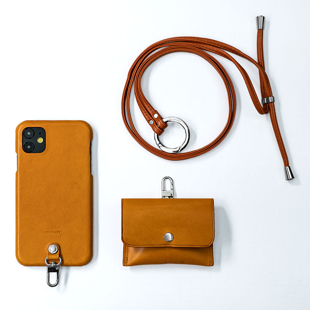 Ensemble de 3 pièces en cuir véritable Tochigi Leather A avec étui pour écouteurs et sangle d'épaule à anneau, étui arrière pour la série Xperia