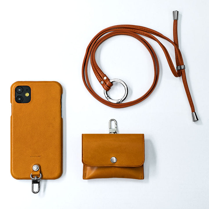Ensemble de 3 pièces en cuir véritable Tochigi Leather A avec étui pour écouteurs et sangle d'épaule à anneau, étui arrière pour la série Xperia