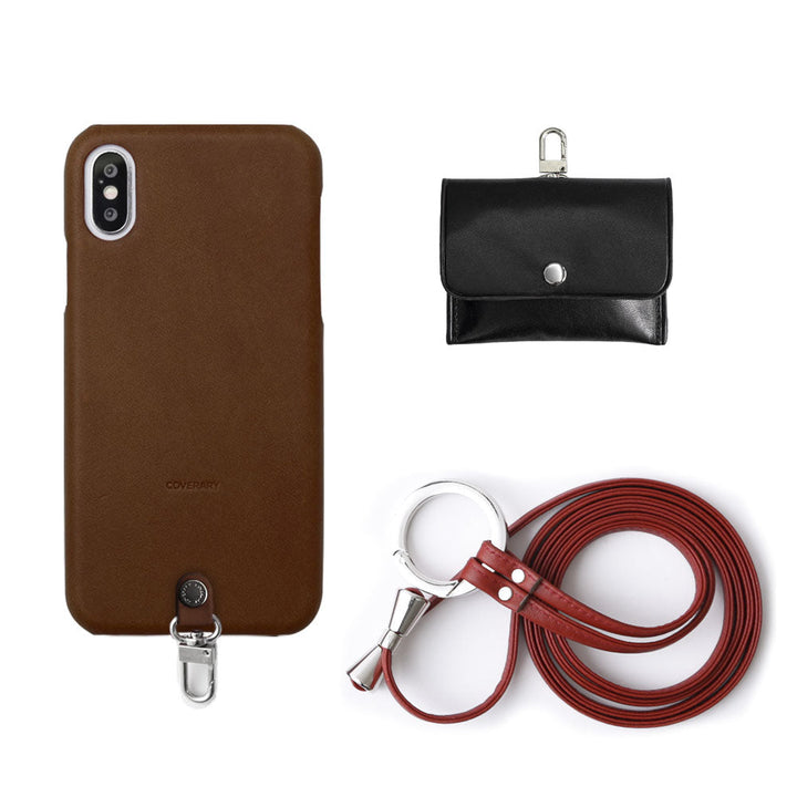 Ensemble de 3 pièces en cuir véritable Tochigi Leather A avec étui pour écouteurs et sangle d'épaule à anneau, étui arrière pour la série Xperia