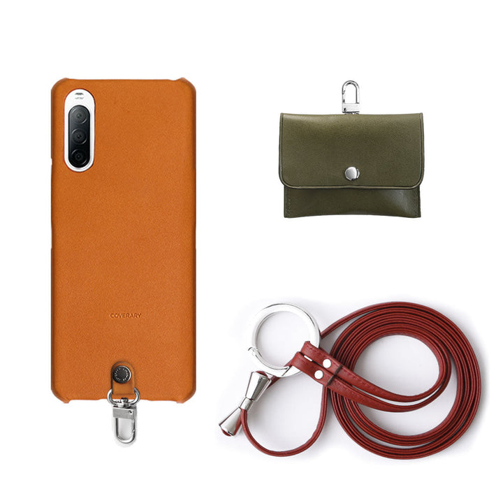 Ensemble de 3 pièces en cuir véritable Tochigi Leather A avec étui pour écouteurs et sangle d'épaule à anneau, étui arrière pour la série Xperia