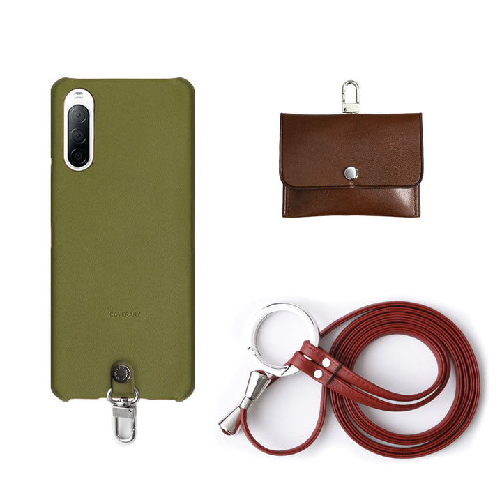 Genuine Leather Tochigi Leather 3-Piece Set A with Earphone Case & Ring Shoulder Strap Back Case for iPhone Series