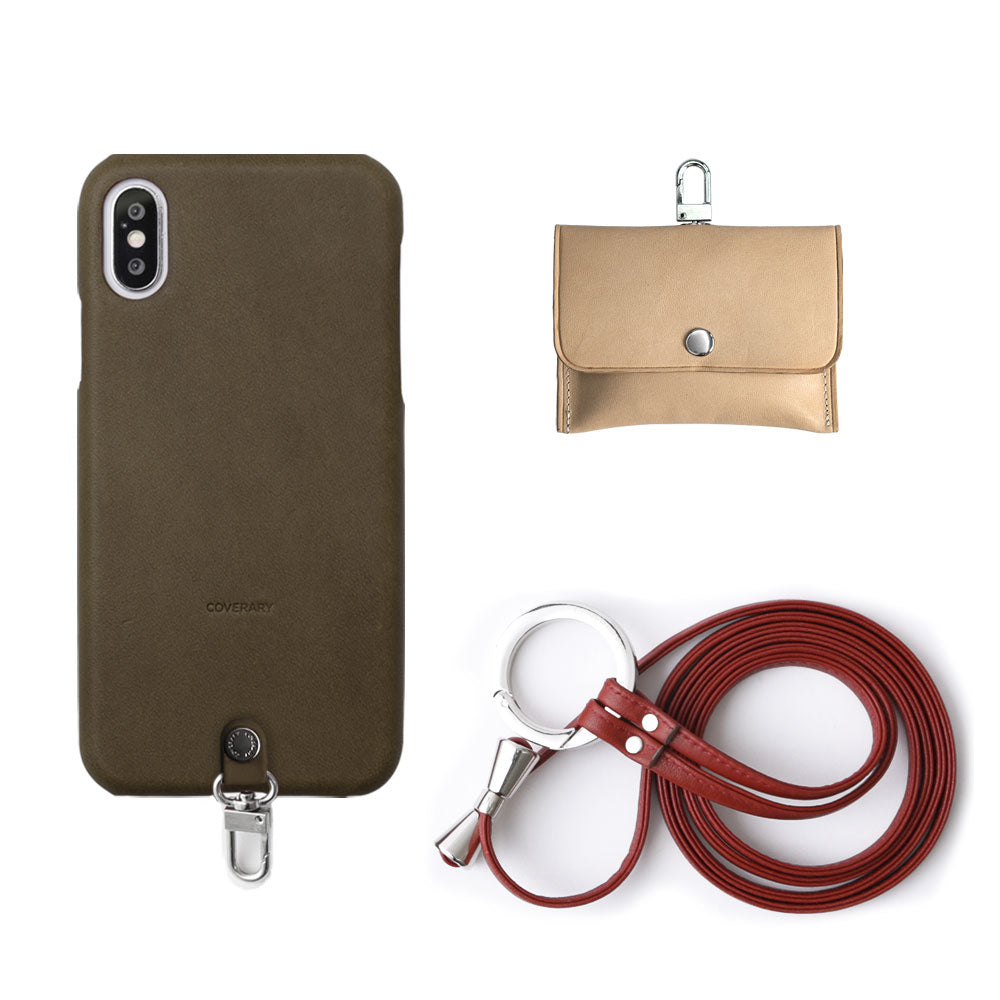 Genuine Leather Tochigi Leather 3-Piece Set A with Earphone Case & Ring Shoulder Strap Back Case for iPhone Series