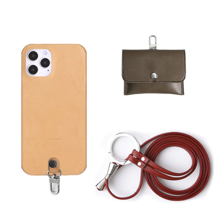 Genuine Leather Tochigi Leather 3-Piece Set A with Earphone Case & Ring Shoulder Strap Back Case for iPhone Series