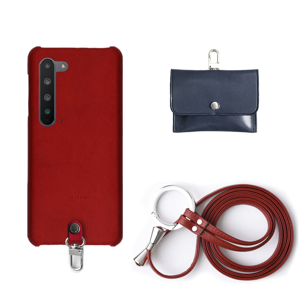 Ensemble de 3 pièces en cuir véritable Tochigi Leather A avec étui pour écouteurs et sangle d'épaule à anneau, étui arrière pour la série Xperia