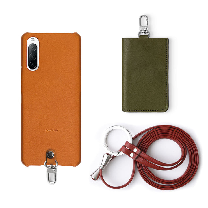 Ensemble de 3 pièces en cuir véritable Tochigi, avec porte-cartes et sangle d'épaule à anneau, coque arrière pour la série Xperia