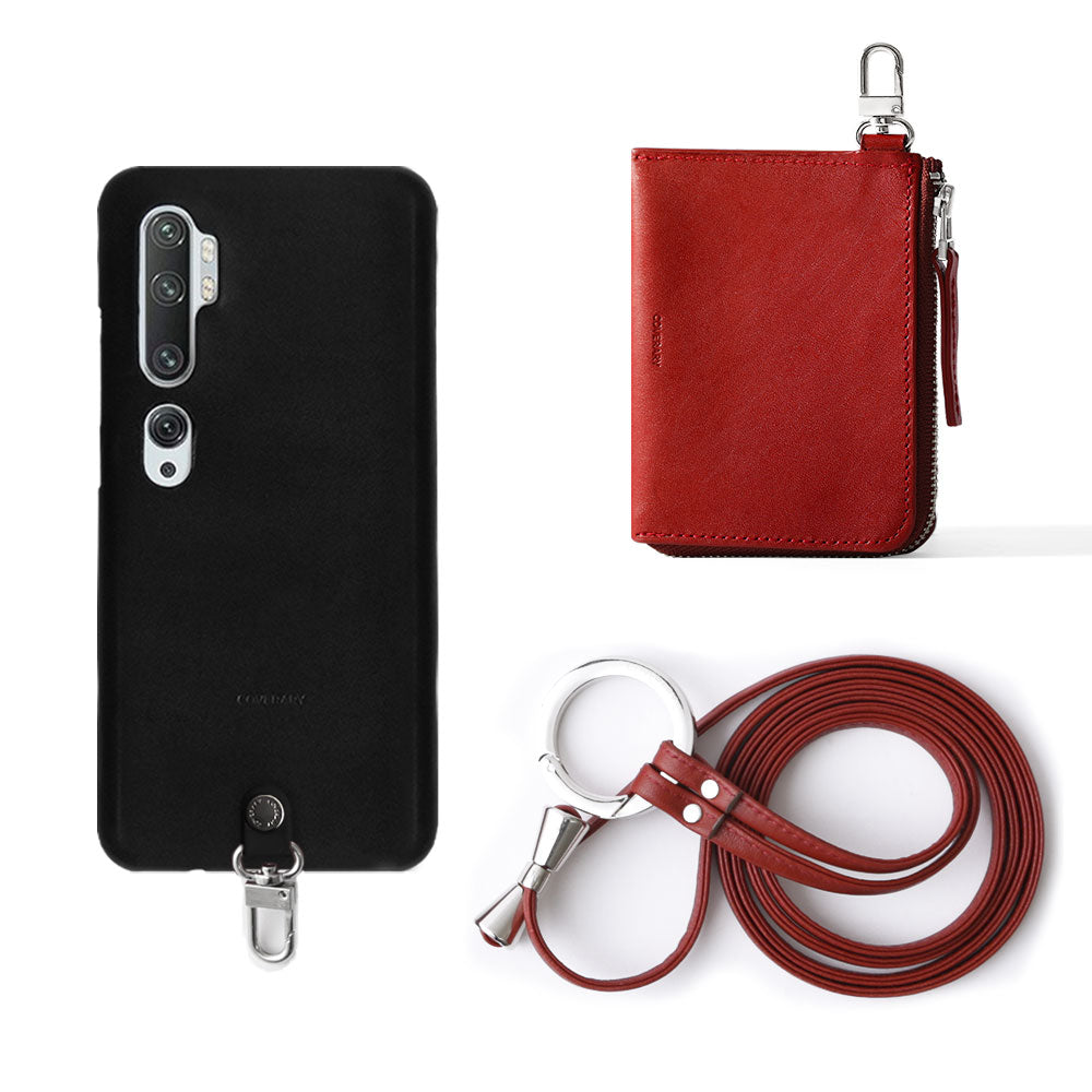 Genuine leather Tochigi leather 3-piece set C Mini wallet & ring shoulder strap (with metal fittings) included Back case AQUOS series