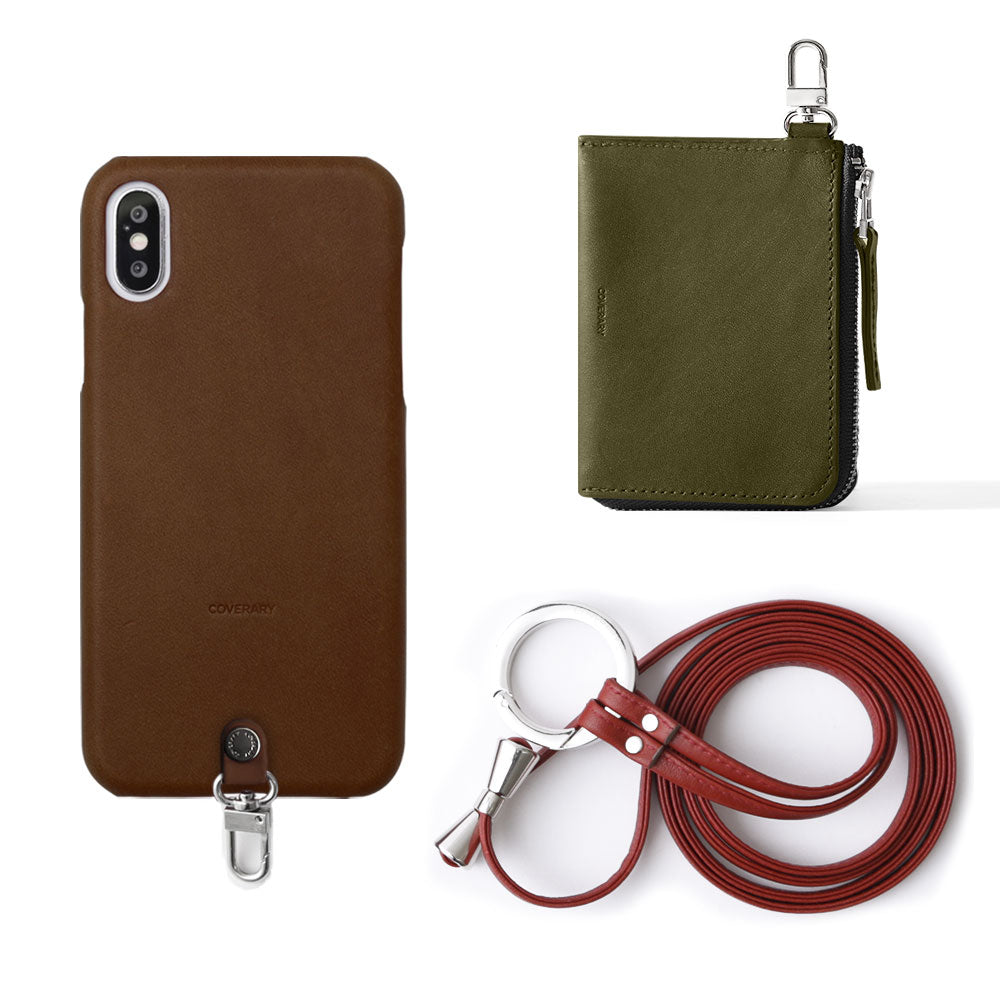 Genuine leather Tochigi leather 3-piece set C Mini wallet & ring shoulder strap (with metal fittings) included Back case AQUOS series