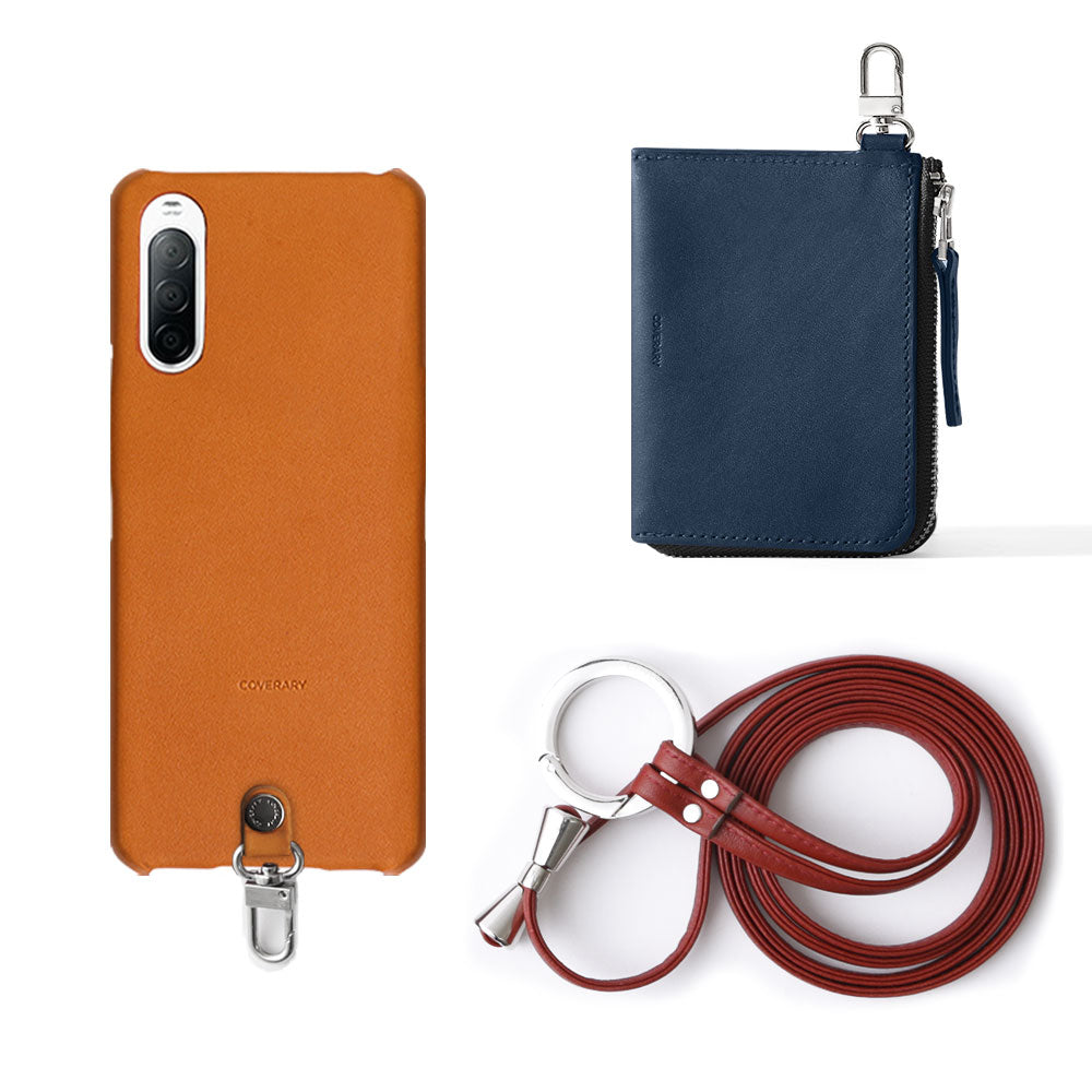 本革 栃木レザー 3点セットC ミニウォレット & リングショルダーストラップ（金具あり）付き 背面ケース iPhoneシリーズ