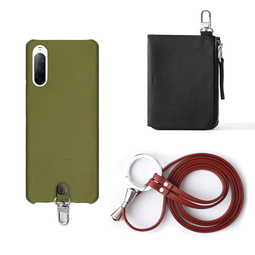 Genuine leather Tochigi leather 3-piece set C Mini wallet & ring shoulder strap (with metal fittings) included Back case AQUOS series