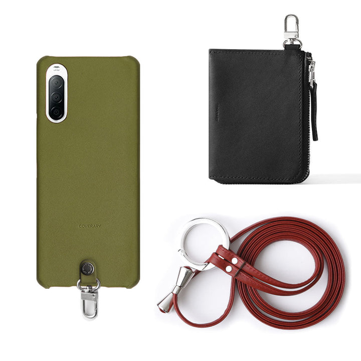 本革 栃木レザー 3点セットC ミニウォレット & リングショルダーストラップ（金具あり）付き 背面ケース iPhoneシリーズ