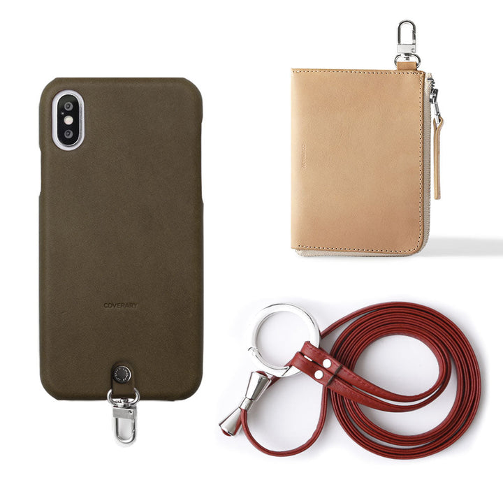 Genuine leather Tochigi leather 3-piece set C Mini wallet & ring shoulder strap (with metal fittings) included Back case AQUOS series